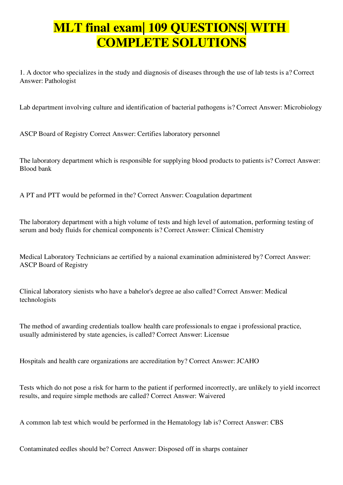 Preview image for MLT final exam| 109 QUESTIONS| WITH COMPLETE SOLUTIONS